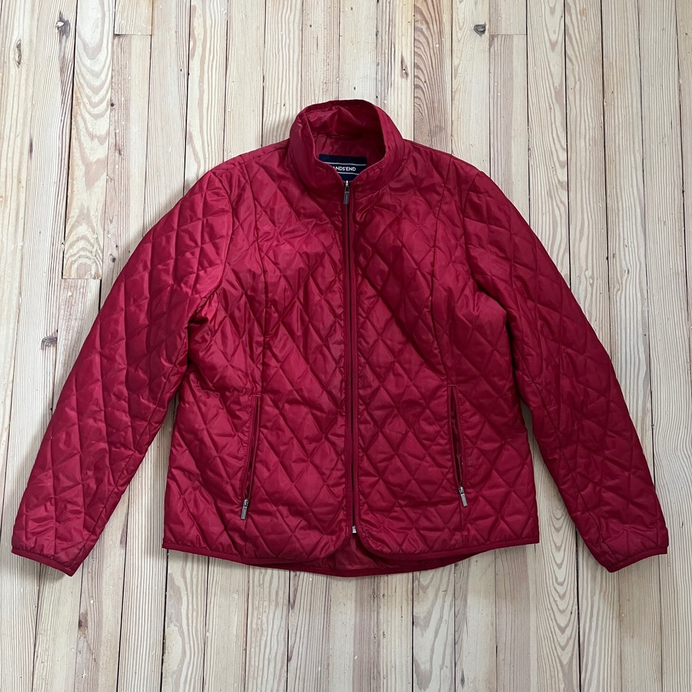 Lands End Quilted Jacket Red Full Zip Stand Collar light Winter coat Women large